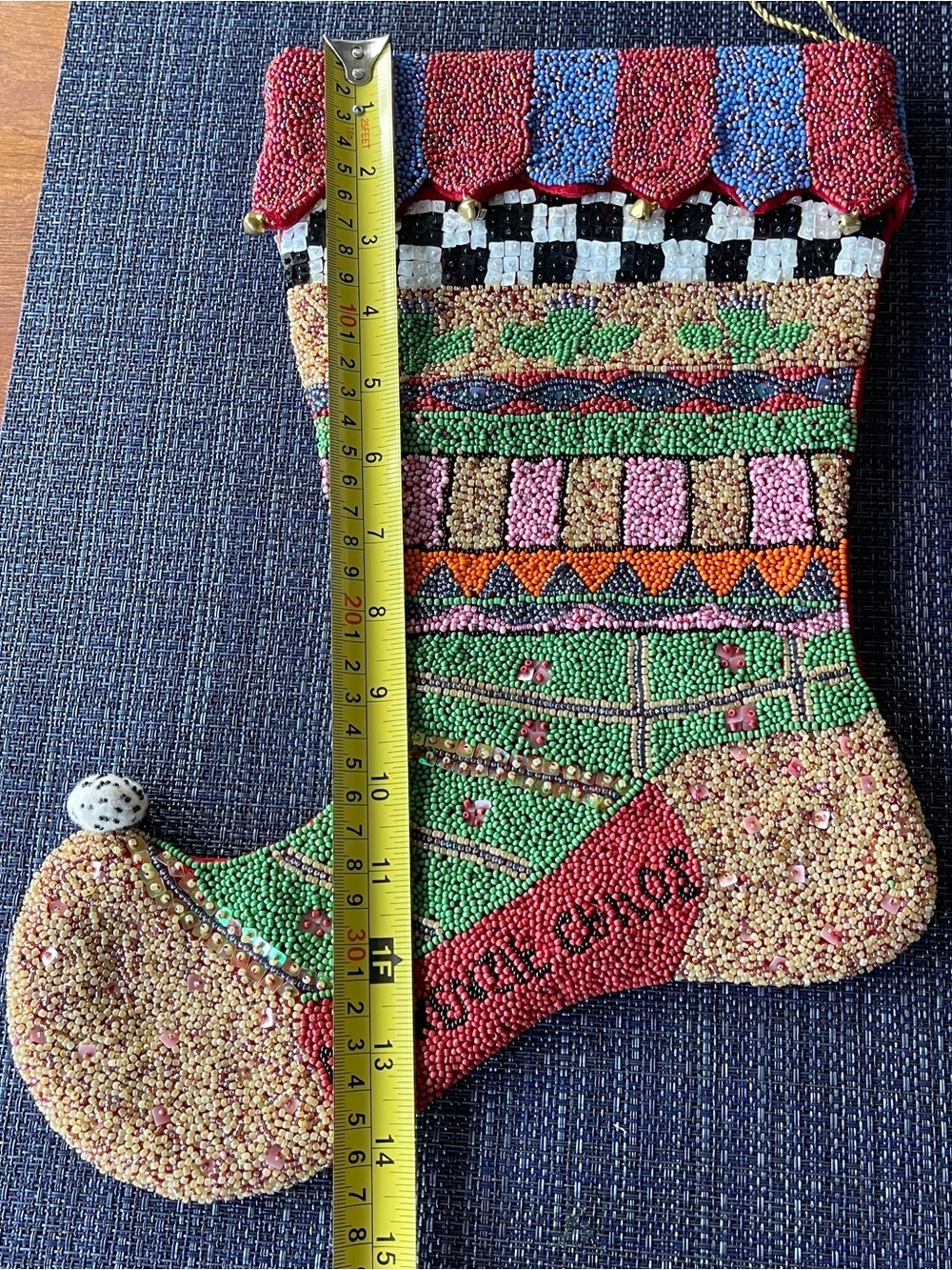 Mackenzie-Childs Christmas Stocking Beaded Courtly Check Holiday Decor Retired - Picture 6 of 10